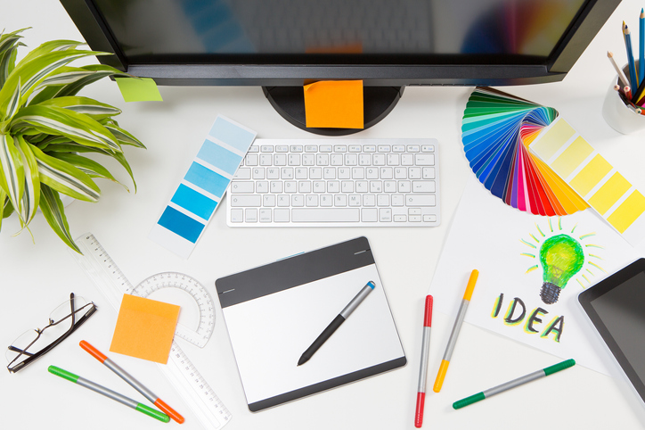 Graphic designer at work. Color samples. Graphic designer at work. Color swatch samples.