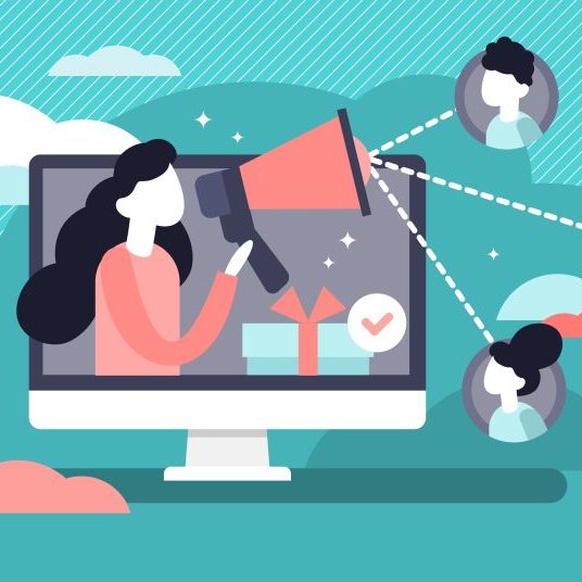 Referral vector illustration. Flat tiny products promotion persons concept. New customers word of mouth engagement method. Marketing consumer audience communication service for influencer advertising.